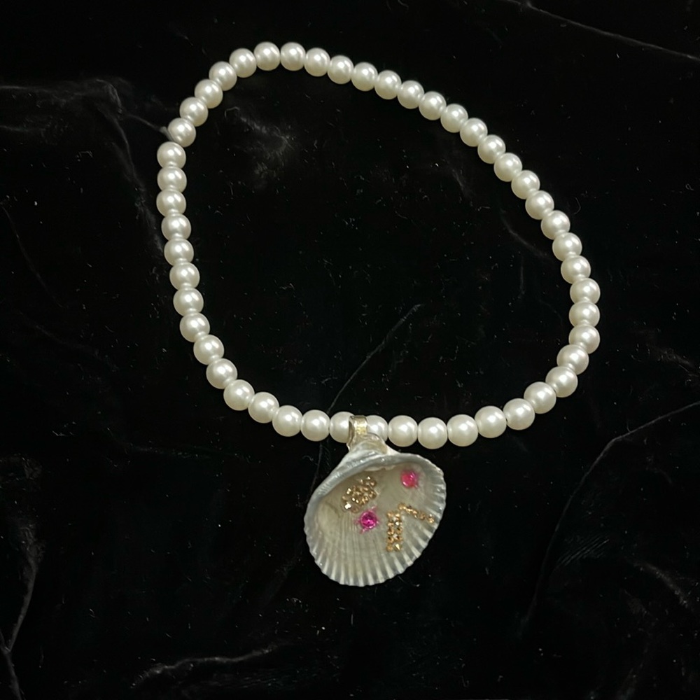 Stretchy Faux Pearls & Real Seashell One if a Kind Handmade Necklace